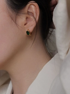 Elegant 925 sterling silver gold-plated hoop earrings with rectangular emerald green stones