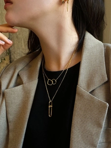 925 Sterling Silver U-link layered necklace set with geometric interlocking pendants