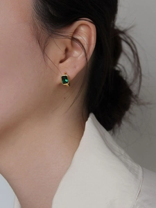 925 silver emerald green gemstone hoop earrings in gold bezel setting on model