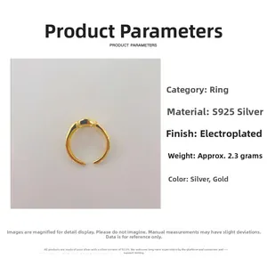 Detailed spec sheet of S925 sterling silver open ring with gold plating features
