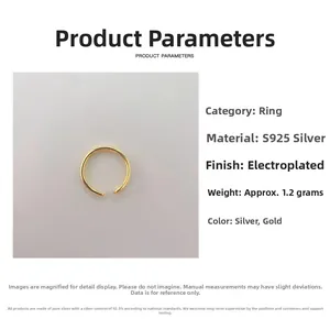 Detailed specs of S925 sterling silver irregular open ring weighing 1.2g with gold plating