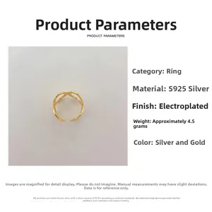 Detail specifications for S925 sterling silver ring showing 4.5g weight and gold finish