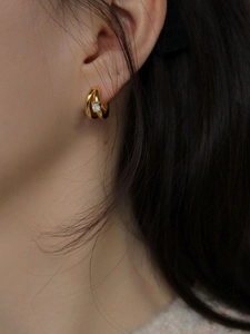 925 silver double hoop gold earrings with square zircon stone for women