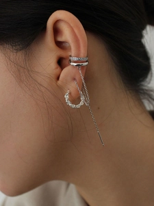 925 Sterling Silver ear cuff set with tassel chains and zircon pavé on model