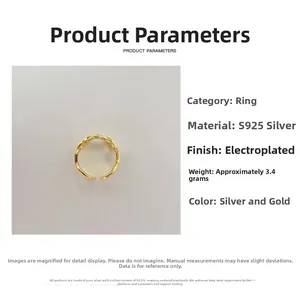 Detail view of gold-plated S925 sterling silver chain ring with adjustable opening specifications