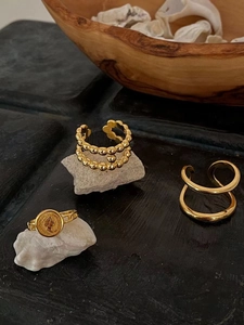 Three-piece set of 925 sterling silver gold rings with vintage coin and hollow designs