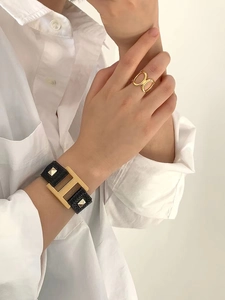 Chic 925 sterling silver hollow oval rings with black leather H-buckle studded bracelets