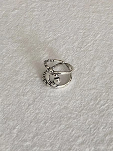 925 Sterling Silver Woven Open Ring For Women Vintage Thai Silver Distressed Bead Adjustable Geometric Fashion Jewelry Ring