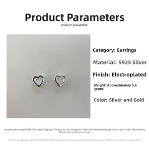 Macro shot of S925 sterling silver hollow heart earrings in gold and silver finishes