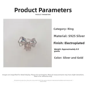 Detailed spec sheet of silver bow ring showing 8.9g weight and S925 silver material