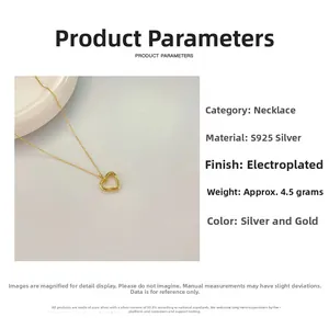 Detailed specifications for the S925 sterling silver hollow heart necklace in gold finish