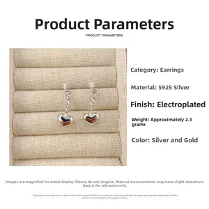 Macro detail of 925 sterling silver Love heart earrings with weight and material specs