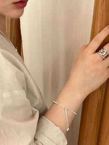 Minimalist 925 sterling silver woven ring and bead chain bracelet set for women