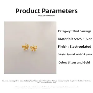 Detailed specifications for S925 sterling silver hollow bow earrings in silver and gold