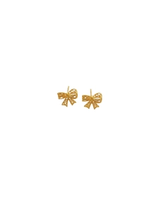 Golden bow-shaped 925 silver stud earrings featuring intricate hollow heart patterns