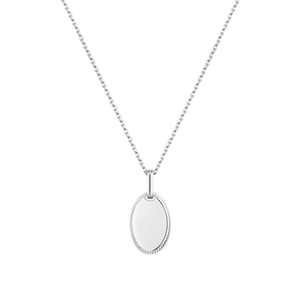 Polished S925 sterling silver necklace with oval letter tag and milgrain texture edge