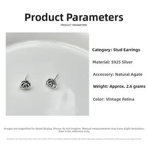 Detailed view of 925 silver rose earrings with natural agate and vintage finish