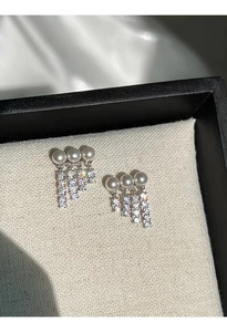 Elegant S925 sterling silver tassel earrings with white pearls and micro-set cubic zirconia