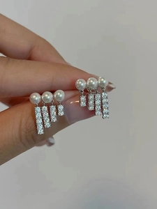 Macro detail of S925 silver fringe earrings with micro-set zircon and white pearls