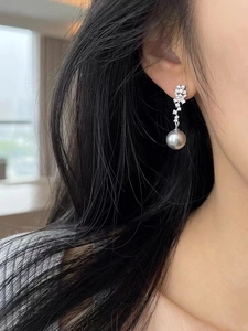 Detail of grey pearl earrings with sparkling zircon clusters on an elegant model