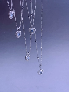 Korean Style 925 Sterling Silver Heart Pendant Necklace Radiant Texture Inlaid Blue Rhinestone Beaded Chain Jewelry For Women