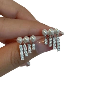 S925 silver pearl drop earrings with cubic zirconia tassels in minimalist design