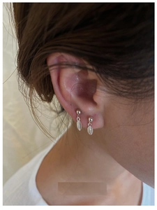 Detail of S925 sterling silver leaf drop earrings worn on ear for a minimalist daily look