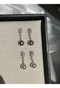 Elegant S925 silver pearl drop earrings with sparkling cubic zirconia clusters