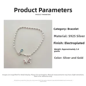 Detail of S925 sterling silver bracelet showing bow pendant and plating specifications