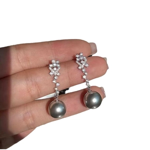Elegant S925 sterling silver long drop earrings with cubic zirconia and dark grey pearls