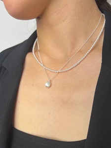 Handcrafted S925 sterling silver layered necklace set with brushed silver pebble pendant