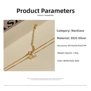 Detail showing S925 silver necklace with 5mm pearl, square zircon, and weight specifications
