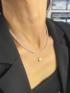 Minimalist S925 sterling silver layered necklace set with pearl chain and teardrop pendant