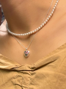 Double collier en argent S925 avec pendentif cœur en cristal rose et chaîne de perles