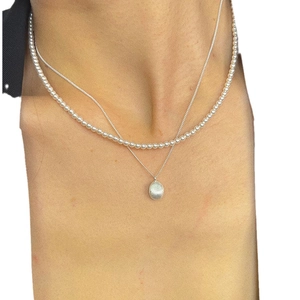 Handmade S925 sterling silver layered necklace with pearl chain and brushed metal pendant