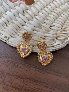 Boucles d'Oreilles Clous en Argent Sterling 925 Cœur Rose Vintage Texture Torsadée Strass Or Argent Plqué Bijoux Femme
