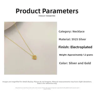 Détail du collier avec pendentif cœur en argent S925 plaqué or et fiche technique produit