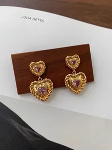 Boucles d'oreilles cœur en argent 925 vintage avec zircon rose et texture torsadée