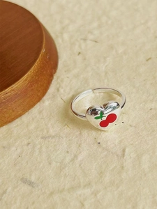 925 Sterling Silver Cherry Heart Open Ring Adjustable Sweet Korean Style Red Cherry Enamel Heart Jewelry Gift For Women