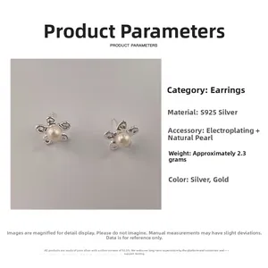 Detailed view of S925 silver flower stud earrings with pearl center in gold and silver