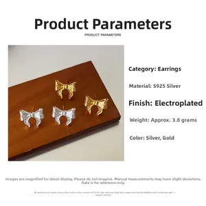Detailed product parameters of S925 silver bow earrings in gold and silver finish