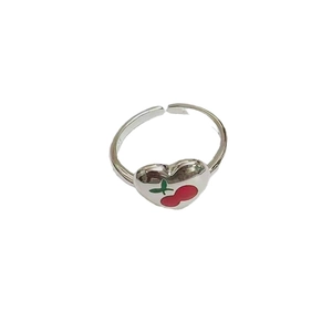 925 silver adjustable open ring with heart shape and red cherry enamel design