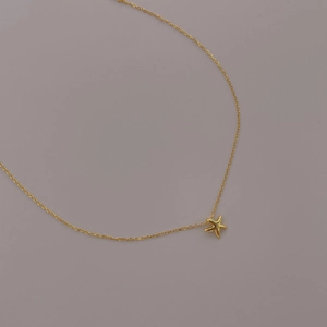 Close-up of a minimalist golden starfish pendant on a delicate 925 silver link chain