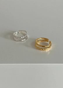 Detail of S925 sterling silver double-layer ring with hammered and smooth texture