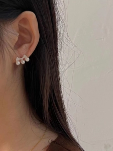 Elegant 925 sterling silver stud earrings with three natural white pearls and fine diamonds
