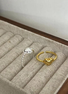 Adjustable S925 silver heart rings with beaded bands in gold and silver finishes
