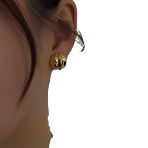 925 Sterling Silver Gold Croissant Earrings with wave pattern in vintage French style