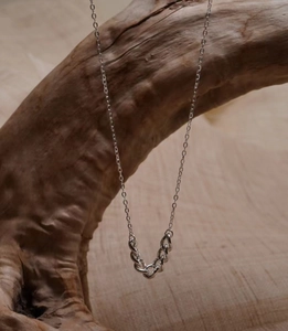Primo piano di una collana in argento sterling 925 appesa a un ramo di legno naturale