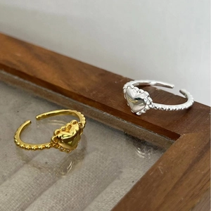 Vintage 925 Sterling Silver Heart Adjustable Ring For Women Retro French Style Beaded Band Hollow Lace Edge Jewelry Finger Ring