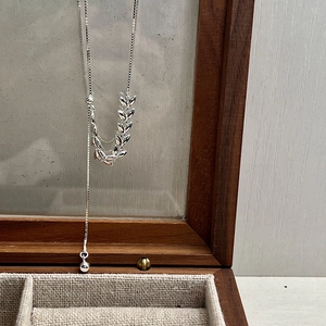 925 silver necklace with wheat leaf pendants and adjustable sliding bead chain